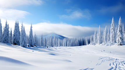 Obraz premium Breathtaking snow-covered alpine landscape with ski trails, frosted trees, and distant chalets under a blue sky.