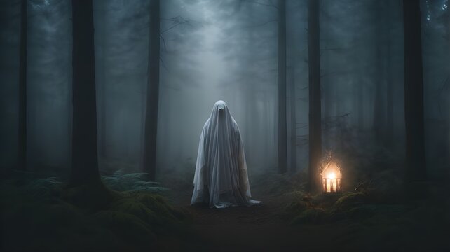 Ghost Walk In The Forest For Halloween Holiday and mystery. A spooky white ghost covered by a sheet with slits over the eyes. Ai ganerated image