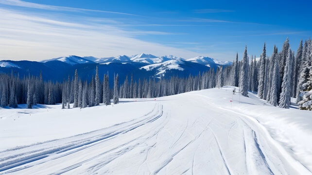 Freshly groomed ski piste, set against a backdrop of trees and clear blue sky.