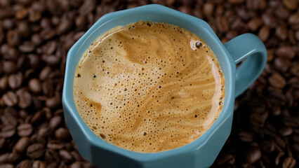 Hot coffee with foam in cup. Roasted coffee beans on background