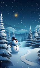 Obraz premium Charming cartoon happy and cute snowman in a hat, standing under a starry midnight sky amidst snow-covered mountains.