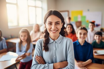 A female teacher smiles, looking at the camera inside the classroom with students generative ai