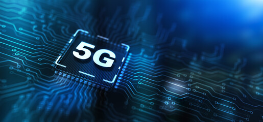 Digital 5G and Internet Telecommunication concept on circuit board