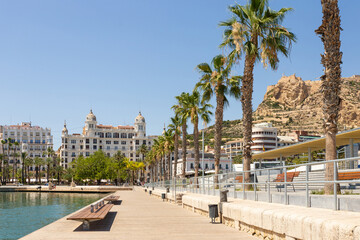 Port side embankment in Alicante, Spain. Sidewalk near marina, palm trees, historical buildings on background.