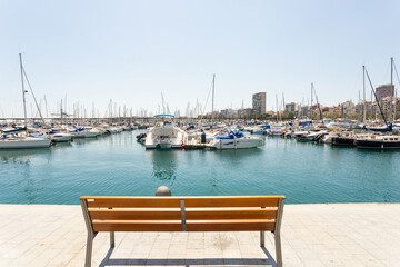 Fototapeta na wymiar Marina with yachts in Alicante, Spain. Empty bench with view on marina bay, sunny day.