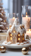 Fototapeta na wymiar gingerbread house on a white table against the backdrop of a beautifully decorated room with a Christmas tree with lights in white with free space on top