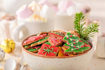 Sweet chocolate with whipped cream and gingerbread.