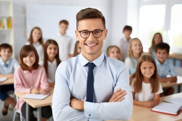 A male teacher with glasses smiles and looks at the camera inside the classroom with students generative ai