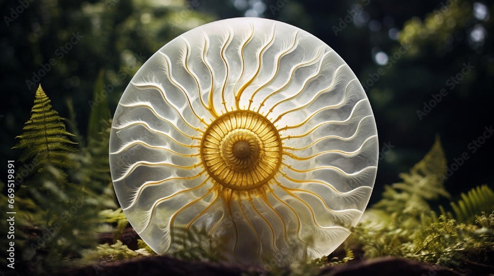 Poster the fibonacci sequence, in the form of a nautilus shell, overlaid with the radial symmetry of a dand