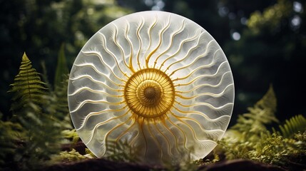The Fibonacci sequence, in the form of a nautilus shell, overlaid with the radial symmetry of a dandelion puff. - obrazy, fototapety, plakaty