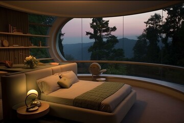 Contemporary bedroom features a circular bed and provides stunning views of the outdoors. Generative AI