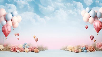 Birthday background with balloons , Air Ballon Background Images ,stars confetti scattered and pastel cloud on pastel background AI generated image
