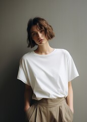 Obraz premium A young short hair woman with a plain white shirt and plain background