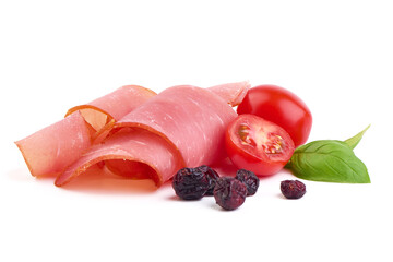 Cold smoked meat slices, rustic style, isolated on white background.