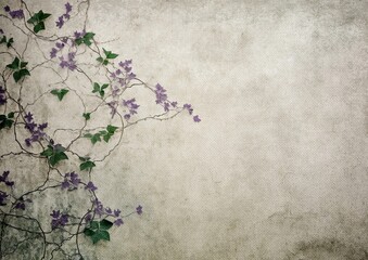 Fototapeta na wymiar Vintage Light Violet Floral and Green Leaves Paper Texture Background