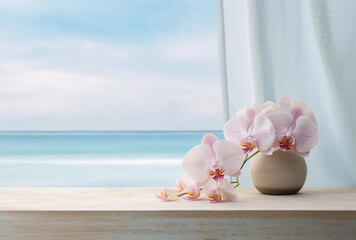 Spa and Beauty Product Display with Orchid by the Beautiful Sea