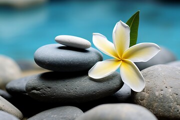 Calm and Relaxation with Stone Stack and Frangipani on Blue Water