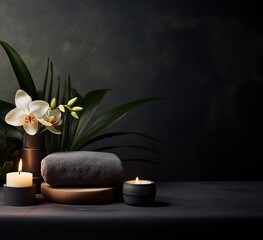 Calm and Relaxation with Stones, Orchid, Towel, and Candles in Tropical Style
