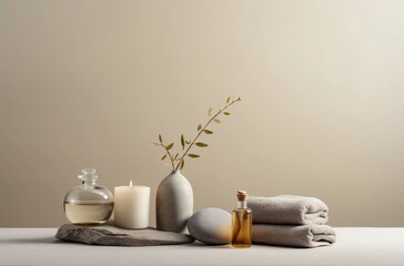 Luxury Spa Composition with Oils, Stone, Flower Case, and Candle