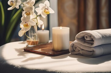 Spa and Beauty Product display with candle and orchid