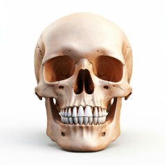 Realistic human skull with detailed bone texture, isolated on a white background. Frontal view with dark eye sockets