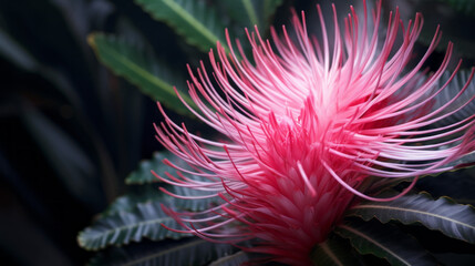 A vibrant tropical plant with long, spiky leaves and a single pink bloom