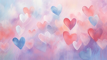 Abstract many hearts watercolor colorful pastel background. - obrazy, fototapety, plakaty