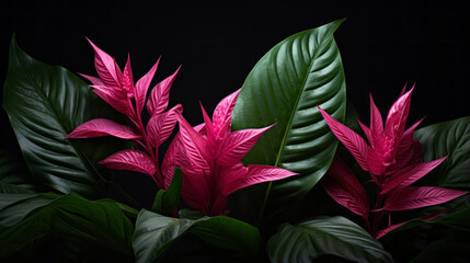 A vibrant tropical plant with long, spiky leaves and a single pink bloom