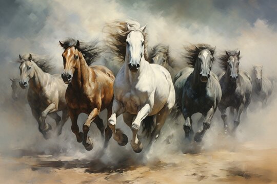 Paintings showcasing seven horses with distinct and impressive artwork. Generative AI