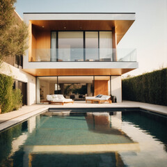 Luxury house with swimming pool and terrace in modern design, contemporary holiday villa exterior.