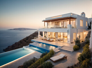 Fototapeta premium Luxury house with swimming pool and terrace in modern design, contemporary holiday villa exterior.