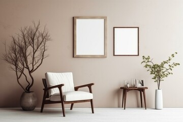 Empty frame on wall with chair, trendy plant in vase, view of modern interior with artwork mock-up. Minimalism concept. Generative AI