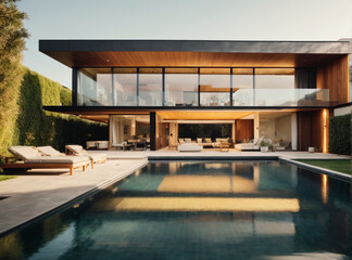 Fototapeta premium Luxury house with swimming pool and terrace in modern design, contemporary holiday villa exterior.