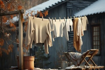 Hanging laundry outdoors in chilly weather. Generative AI