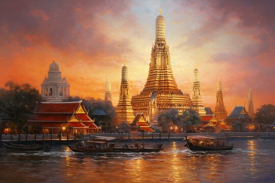 Sunset oil painting of the Wat Arun temple, an iconic Bangkok landmark. Generative AI