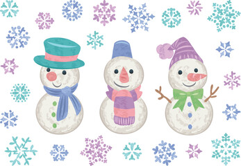 冬　雪だるまと雪の結晶のイラスト