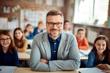 A male teacher with glasses smiles and looks at the camera inside the classroom with students generative ai