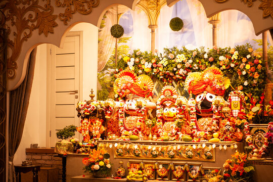Moscow, Russia, September 7, 2023: Beautiful deities of Lord Jagannath, Balaram and Subhadra Maharani in ISKCON temple in Moscow