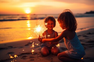 Kids play sparklers  at sunset beach background.