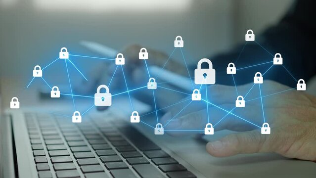 Businessman is working on laptop that showing about network of padlock. Cyber and network security concept.