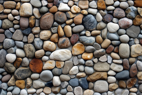 River rocks pattern, pebble texture background, grey, brown, white, copy space