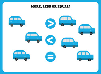 More less or equal. Educational math game for kids. Printable worksheet design for preschool, kindergarten or elementary students. Comparing objects activity.