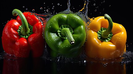 Close up shot of freshly harvested bell peppers,  splashing water and water drop , highlighting their vibrant colors and enticing crispness