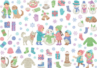 冬　雪だるまを作る子どもたち　雪の結晶　クリスマス　セーター　イラスト素材セット
