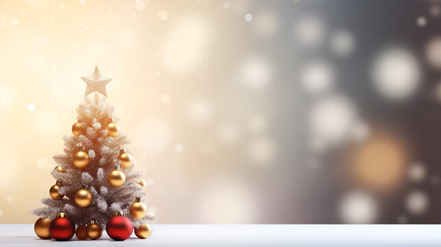 christmas background with christmas tree, Xmass Images, Small Christmas Tree with Lights and christmas balls ,AI Generative 