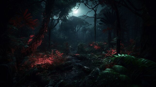With glowing red dark enchanted forest night photography image AI generated art