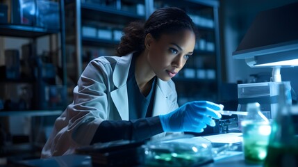 Women in science, a female scientist analyzing samples, the precision and complexity of her work evident in the frame