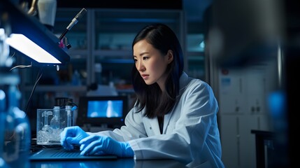Women in science, a female scientist analyzing samples, the precision and complexity of her work evident in the frame