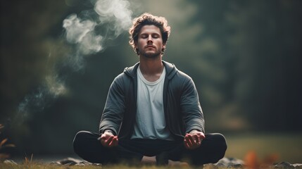 Mental health moments, a man meditating or journaling, showcasing self-care and emotional introspection - obrazy, fototapety, plakaty