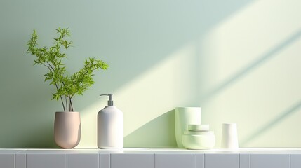 Fototapeta na wymiar 3D Rendering Minimal Refreshing Pastel Green and White Bathroom or Kitchen under Sunlight and Shadow Background for Toiletries or Beauty Products Display.